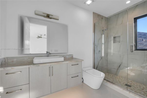 Bathroom, Glass Shower, Interior, Marble Walls, Recessed Lighting
