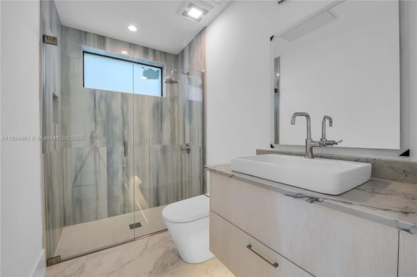 Bathroom, Glass Shower, Interior, Marble, Recessed Lighting