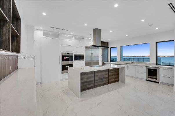 Interior, Kitchen, Marble, Recessed Lighting, Stainless Steel Appliances, Water