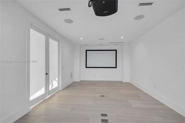 Empty room, Interior, Projection Screen, Recessed Lighting, Wood Texture Flooring