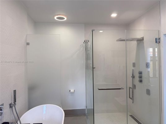 Bathroom, Free Standing Baths, Glass Shower, Interior, Recessed Lighting