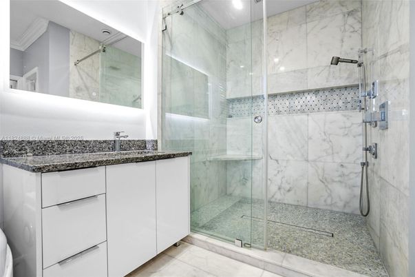 Bathroom, Glass Shower, Interior, Marble, Marble Walls, Recessed Lighting