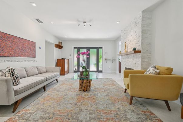 Fireplace, Interior, Living room, Recessed Lighting, Stone Walls
