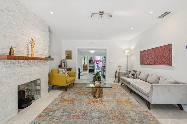 Fireplace, Interior, Living room, Recessed Lighting, Stone Walls