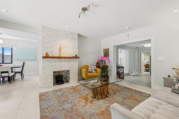 Dining room, Fireplace, Interior, Living room, Pendant Lights, Recessed Lighting, Stone Walls
