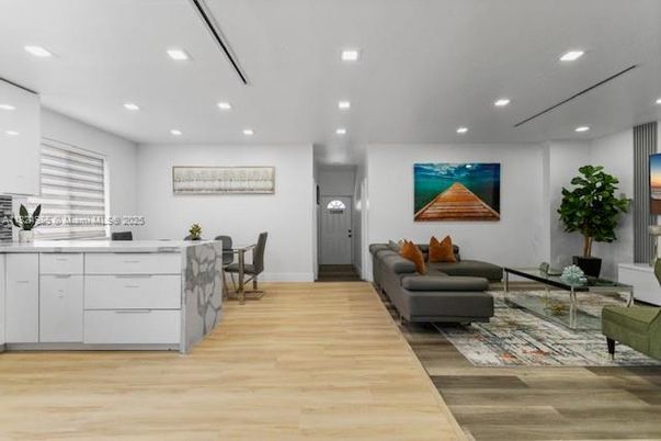 Dining room, Interior, Living room, Recessed Lighting, Wood Texture Flooring