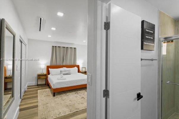 Bedroom, Interior, Recessed Lighting, Wood Texture Flooring