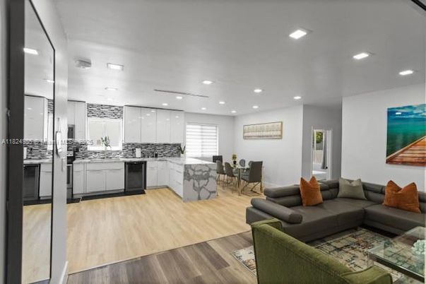 Dining room, Interior, Kitchen, Living room, Recessed Lighting, Wood Texture Flooring
