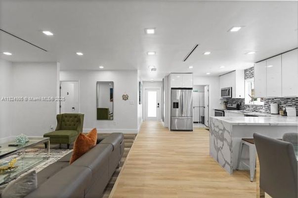 Interior, Kitchen, Living room, Recessed Lighting, Stainless Steel Appliances, Wood Texture Flooring