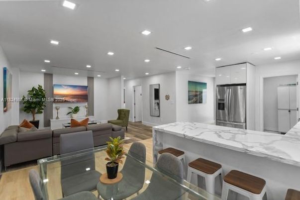 Interior, Kitchen, Living room, Recessed Lighting, Stainless Steel Appliances, Wood Texture Flooring