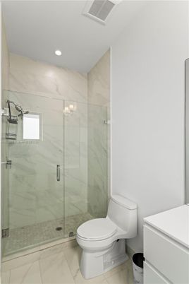 Bathroom, Glass Shower, Interior, Marble Walls, Recessed Lighting