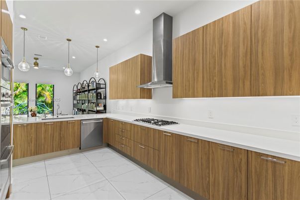 Interior, Kitchen, Marble, Pendant Lights, Recessed Lighting, Stainless Steel Appliances