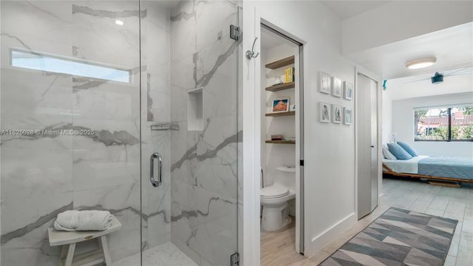 Bathroom, Bedroom, Glass Shower, Interior, Marble Walls, Recessed Lighting, Wood Texture Flooring