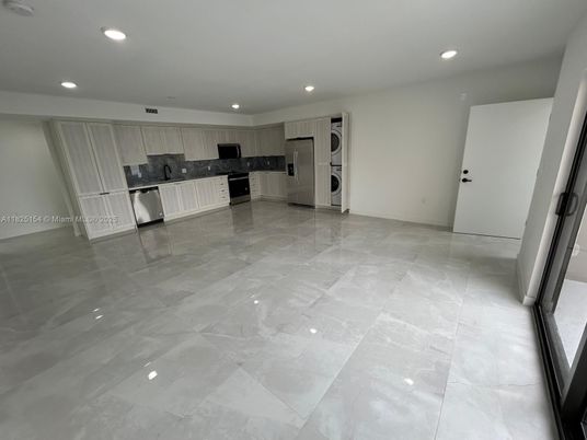 Empty room, Interior, Kitchen, Recessed Lighting, Stainless Steel Appliances