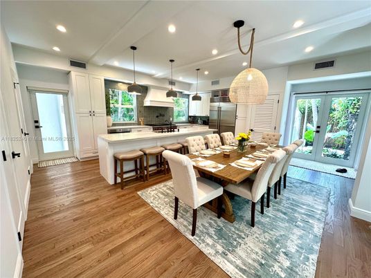 Dining room, Interior, Kitchen, Pendant Lights, Recessed Lighting, Stainless Steel Appliances, Wood Texture Flooring
