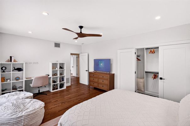 Bedroom, Interior, Recessed Lighting, Wood Texture Flooring