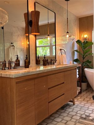 Bathroom, Dual Sink Vanities, Interior, Marble Walls, Pendant Lights, Recessed Lighting