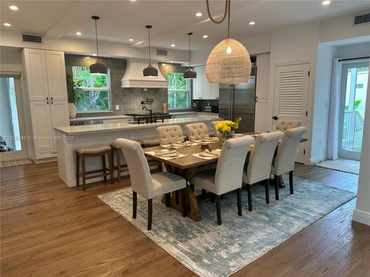 Dining room, Interior, Kitchen, Pendant Lights, Recessed Lighting, Stainless Steel Appliances, Wood Texture Flooring