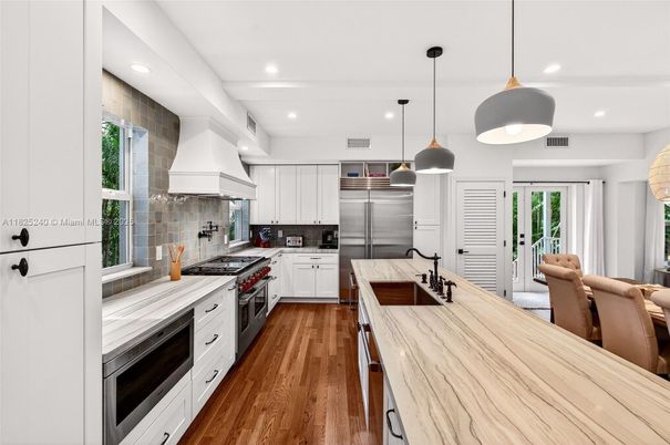 Interior, Kitchen, Pendant Lights, Recessed Lighting, Stainless Steel Appliances, Wood Texture Flooring