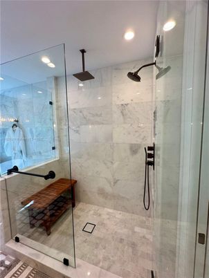 Bathroom, Glass Shower, Interior, Marble Walls, Recessed Lighting