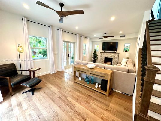 Fireplace, Interior, Living room, Recessed Lighting, Wood Texture Flooring