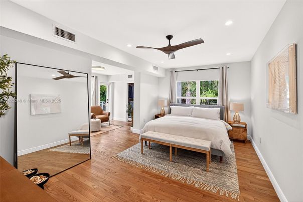 Bedroom, Interior, Recessed Lighting, Wood Texture Flooring