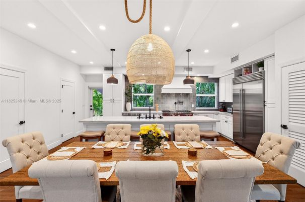 Dining room, Interior, Kitchen, Pendant Lights, Recessed Lighting, Stainless Steel Appliances, Wood Texture Flooring
