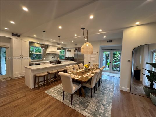 Dining room, Interior, Kitchen, Pendant Lights, Recessed Lighting, Stainless Steel Appliances, Wood Texture Flooring