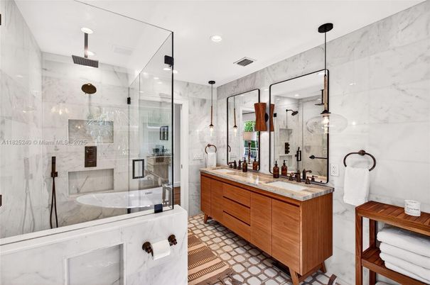 Bathroom, Dual Sink Vanities, Glass Shower, Interior, Marble Walls, Recessed Lighting