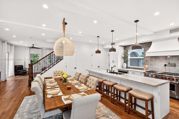 Dining room, Interior, Kitchen, Pendant Lights, Recessed Lighting, Stainless Steel Appliances, Wood Texture Flooring