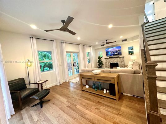 Fireplace, Interior, Living room, Recessed Lighting, Wood Texture Flooring