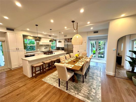 Dining room, Interior, Kitchen, Pendant Lights, Recessed Lighting, Stainless Steel Appliances, Wood Texture Flooring