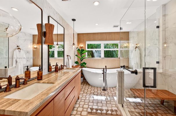 Bathroom, Dual Sink Vanities, Free Standing Baths, Glass Shower, Interior, Marble Walls, Pendant Lights, Recessed Lighting