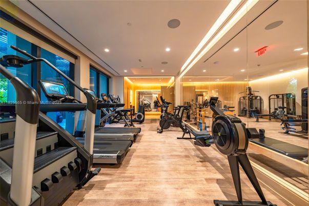 Fitness Equipment, Gym, Interior, Recessed Lighting, Wood Texture Flooring