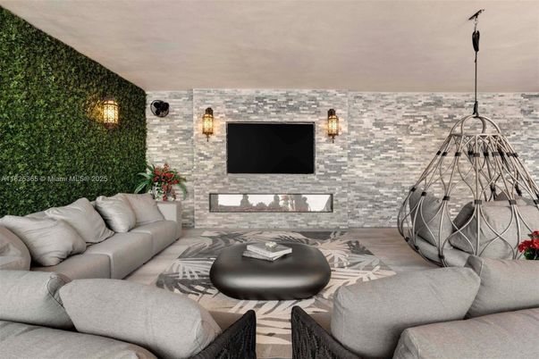 Fireplace, Interior, Living room, Pendant Lights, Stone Walls