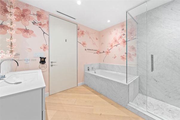 Bathroom, Glass Shower, Interior, Marble Walls, Recessed Lighting, Wood Texture Flooring