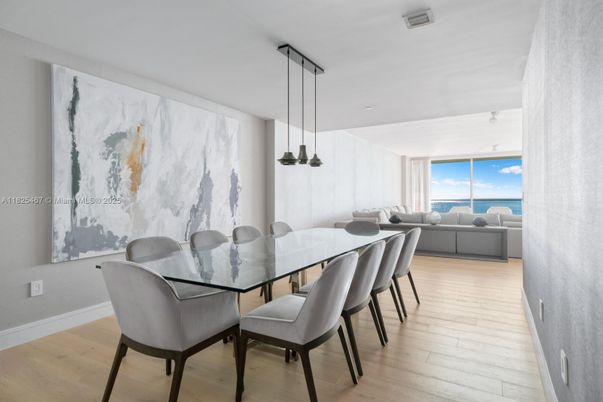 Dining room, Interior, Pendant Lights, Water, Wood Texture Flooring