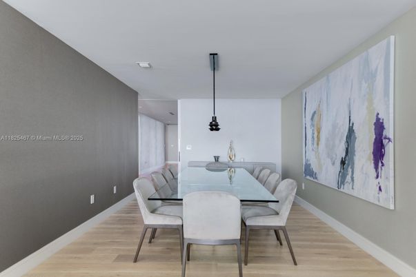 Dining room, Interior, Pendant Lights, Recessed Lighting, Wood Texture Flooring