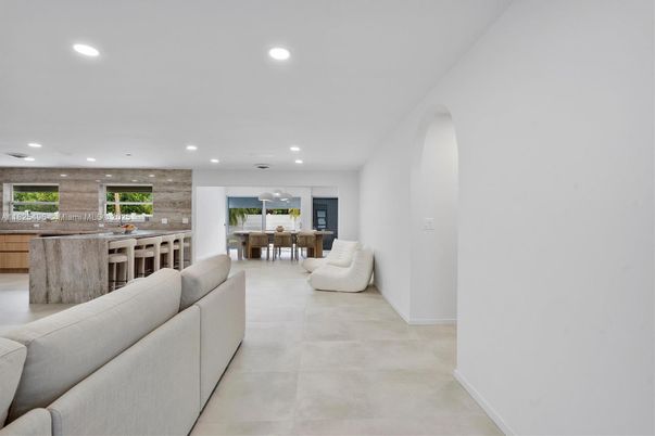 Dining room, Interior, Kitchen, Living room, Recessed Lighting, Stone Walls