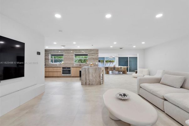 Dining room, Interior, Kitchen, Living room, Recessed Lighting, Stone Walls