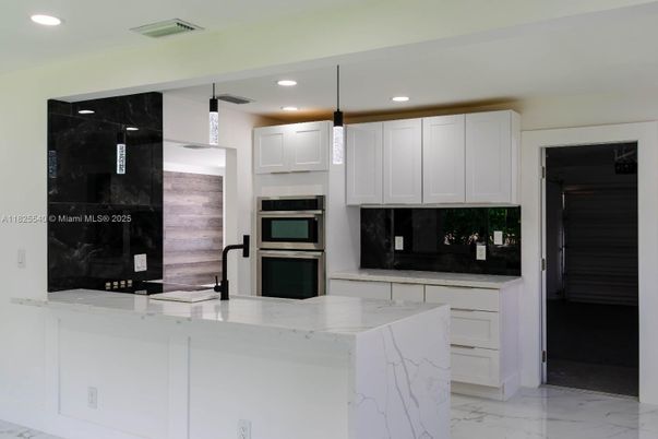 Interior, Kitchen, Marble, Pendant Lights, Recessed Lighting, Stainless Steel Appliances