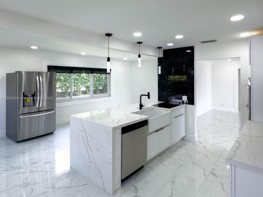 Interior, Kitchen, Marble, Pendant Lights, Recessed Lighting, Stainless Steel Appliances
