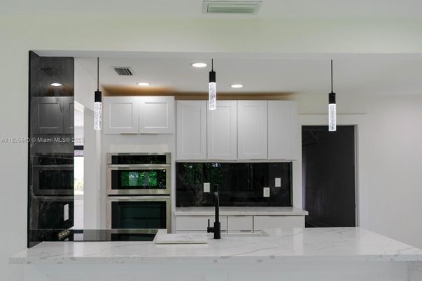 Interior, Kitchen, Marble, Pendant Lights, Recessed Lighting, Stainless Steel Appliances