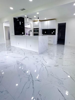 Interior, Kitchen, Marble, Pendant Lights, Recessed Lighting, Stainless Steel Appliances