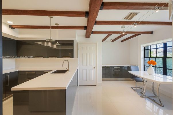 Interior, Kitchen, Pendant Lights, Recessed Lighting, Water, Wooden Beams