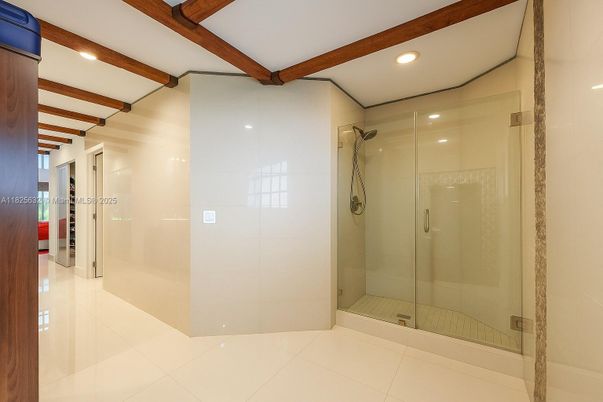 Bathroom, Glass Shower, Interior, Recessed Lighting, Wooden Beams