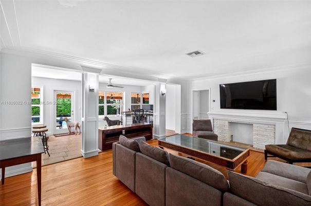 Fireplace, Interior, Kitchen, Living room, Wood Texture Flooring