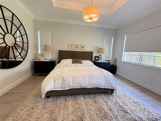 Bedroom, Interior, Pendant Lights, Wood Texture Flooring