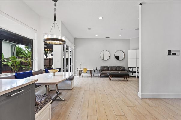 Dining room, Interior, Pendant Lights, Recessed Lighting, Wood Texture Flooring