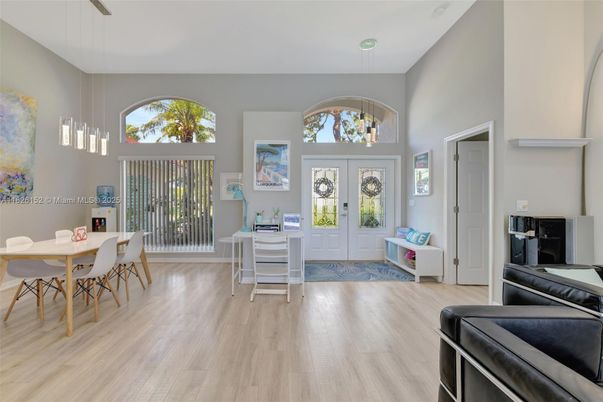 Dining room, Interior, Pendant Lights, Wood Texture Flooring